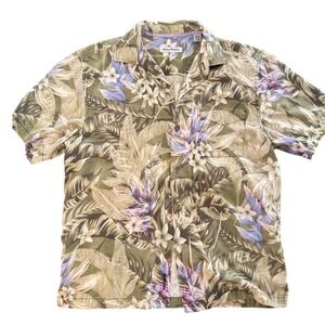 Tommy Bahama IslandZone Mens Medium Silk Blend Tropical Floral Camp Shirt Green